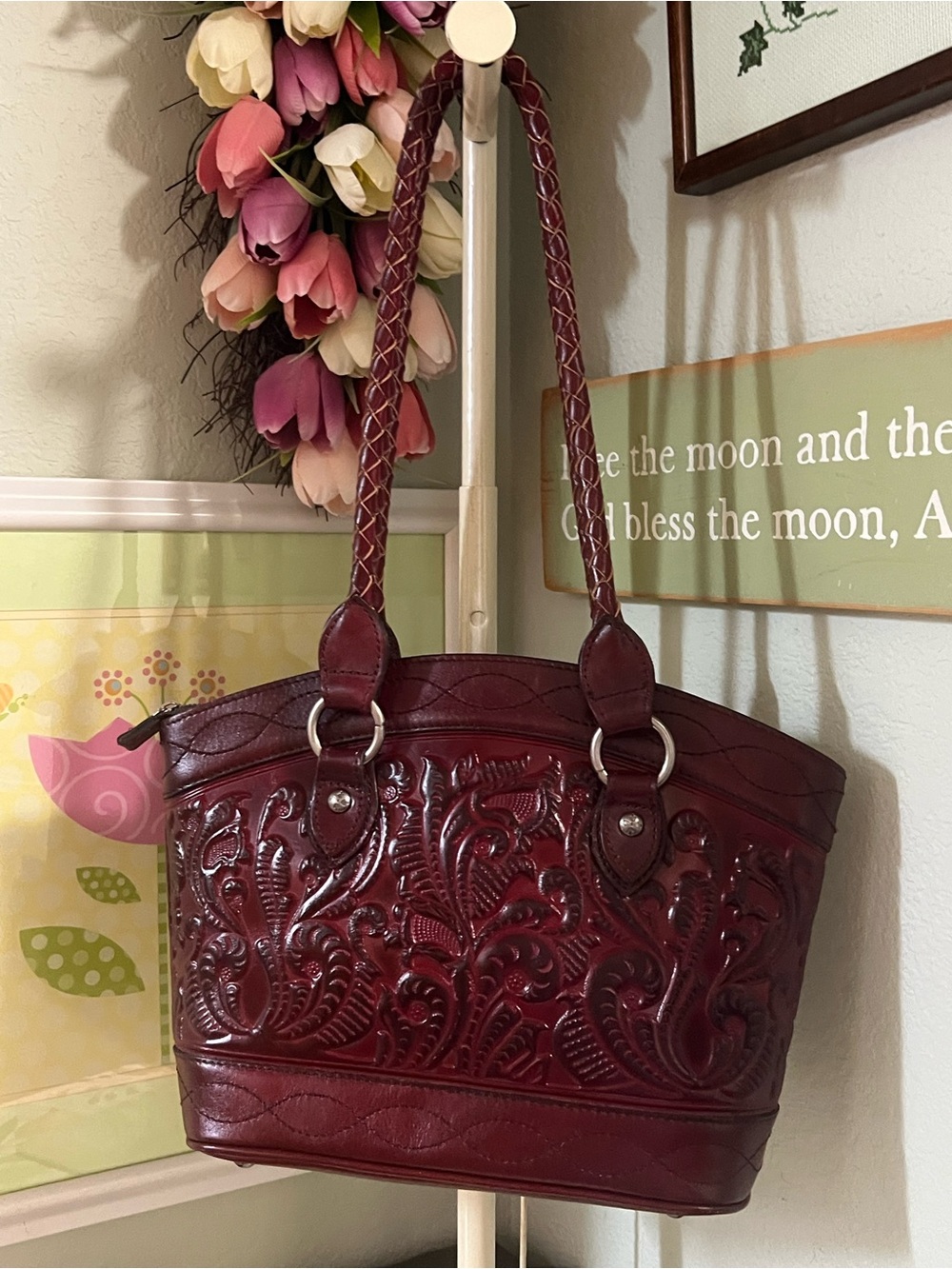 Patricia Nash Burgundy Tooled Plum Leather Shoulder Bag - Picture 11 of 11